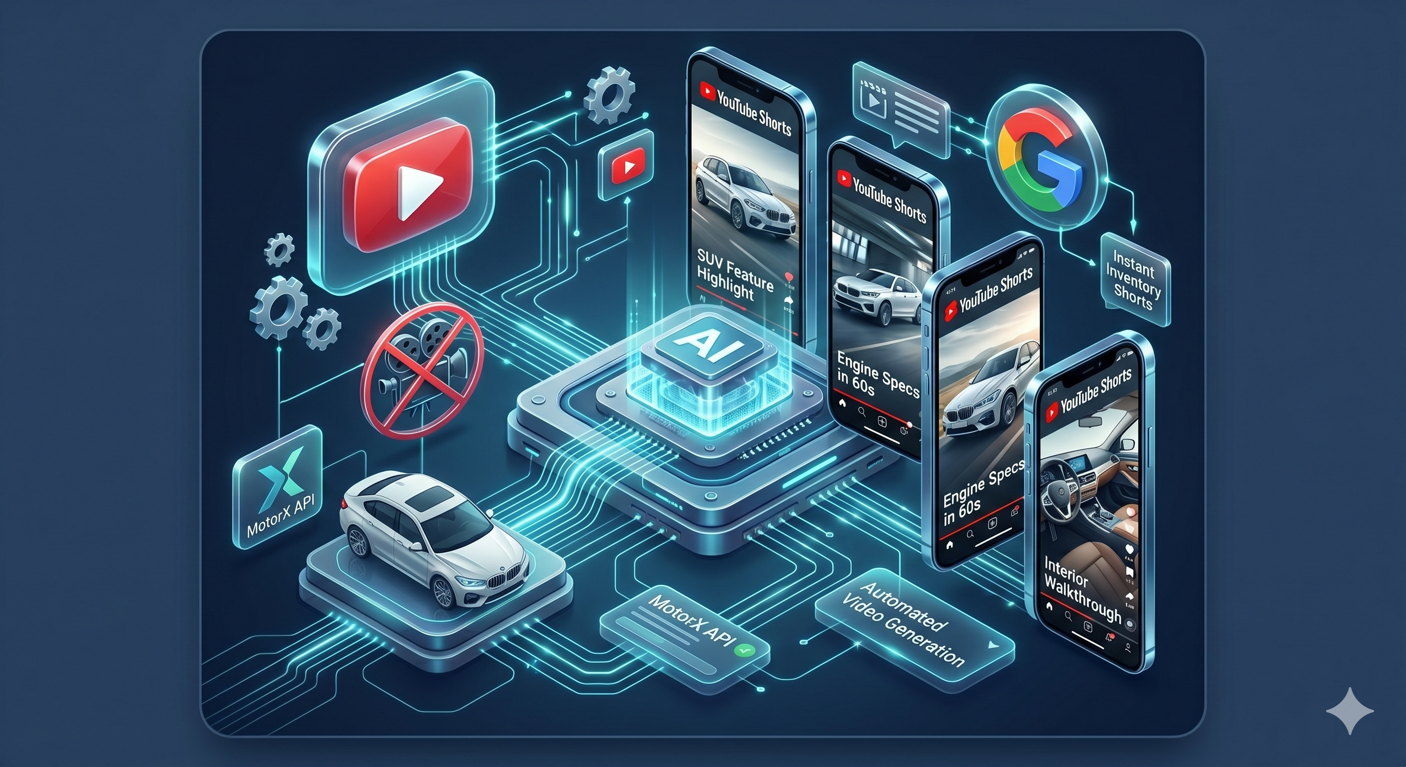 MotorX YouTube marketing showing auto-generated vehicle Shorts
