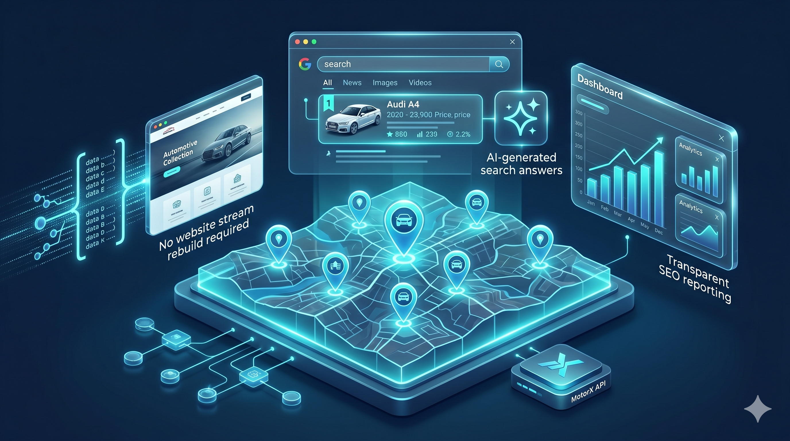 MotorX AI SEO dashboard showing Google and Maps visibility metrics