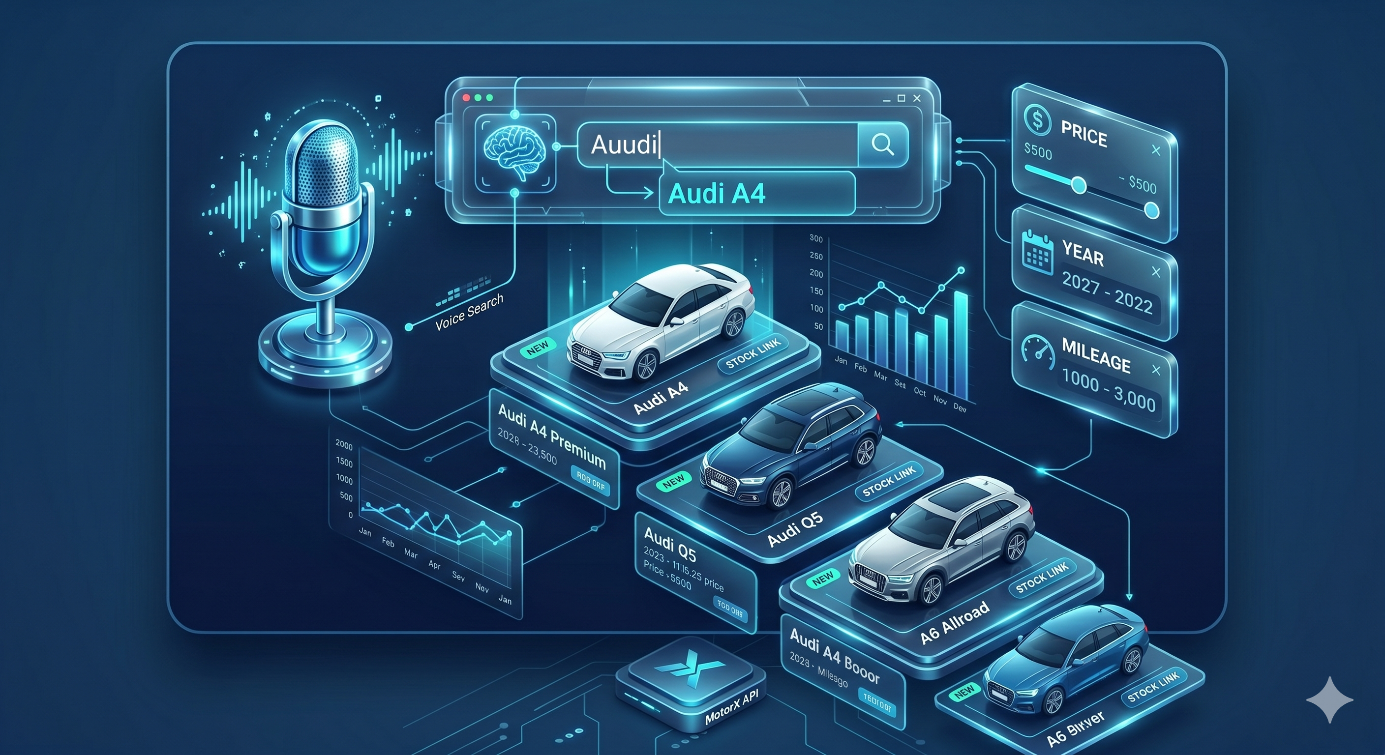 MotorX AI SmartSearch vehicle search interface with autocomplete