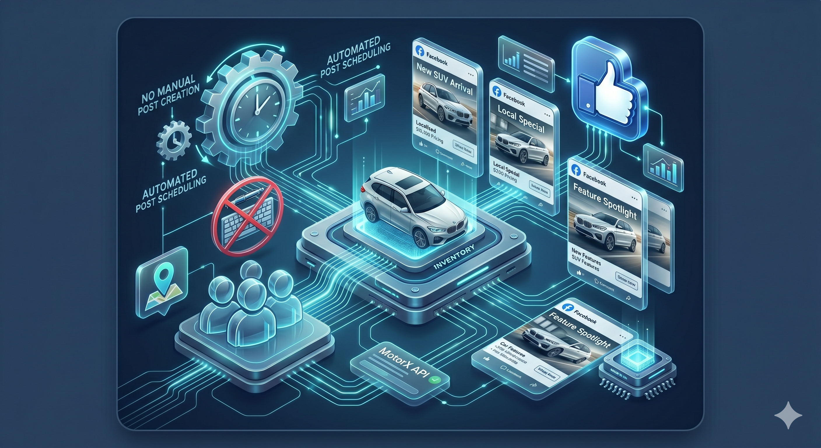 MotorX Facebook marketing automation showing vehicle posts